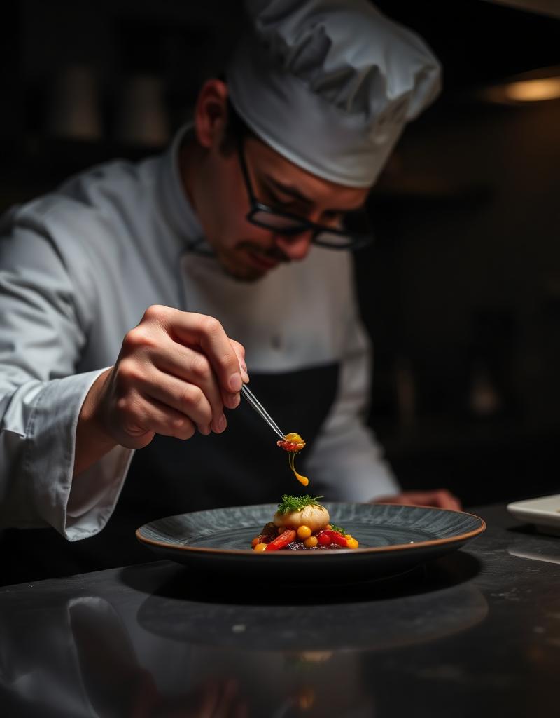 Chef finalizando prato gourmet