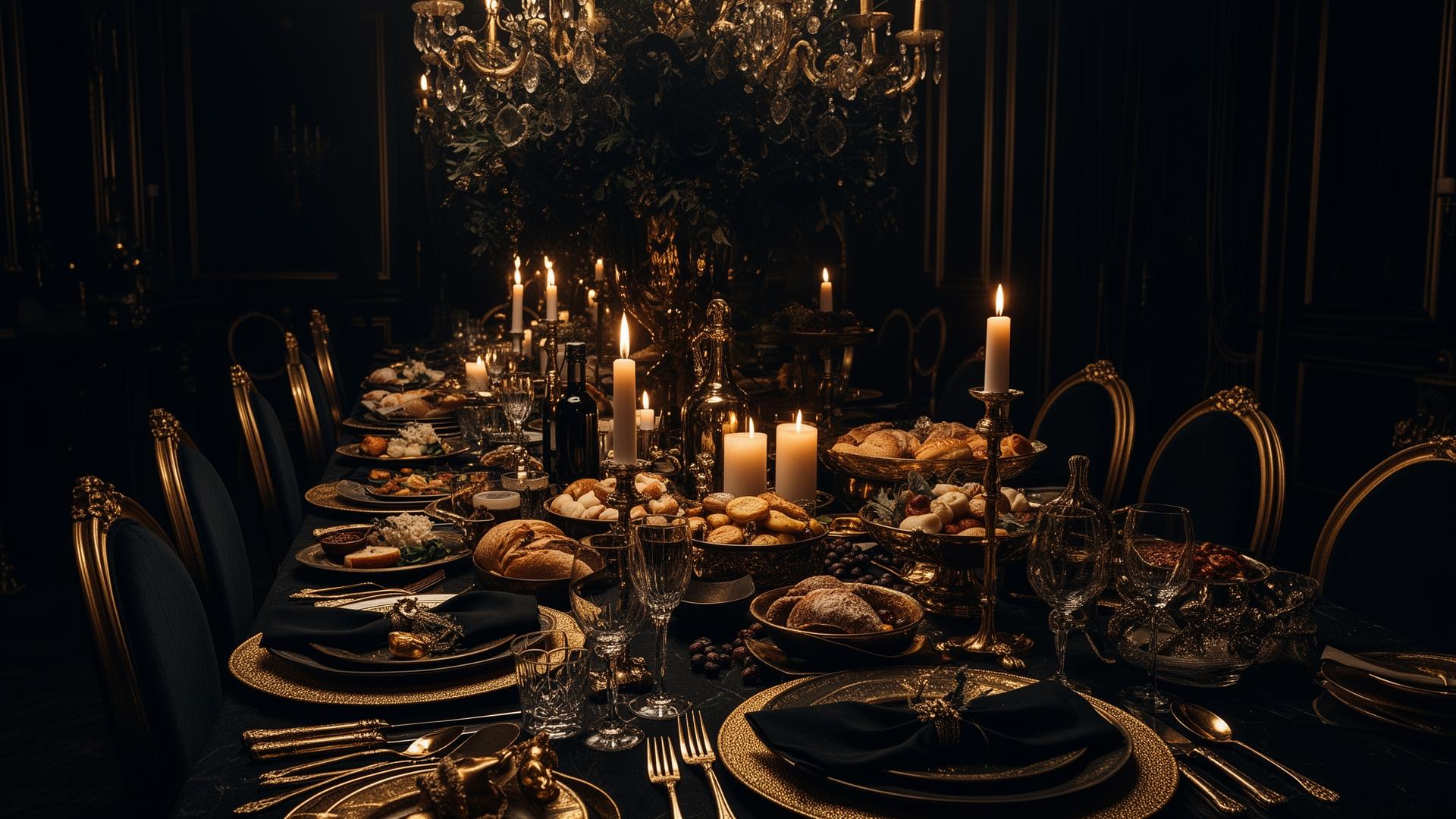 Mesa de banquete sofisticada com toques dourados e luz de velas